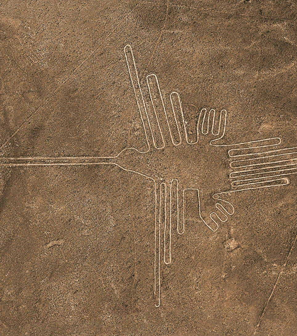 Hummingbird Nazca Line geoglyph seen from above, Peru