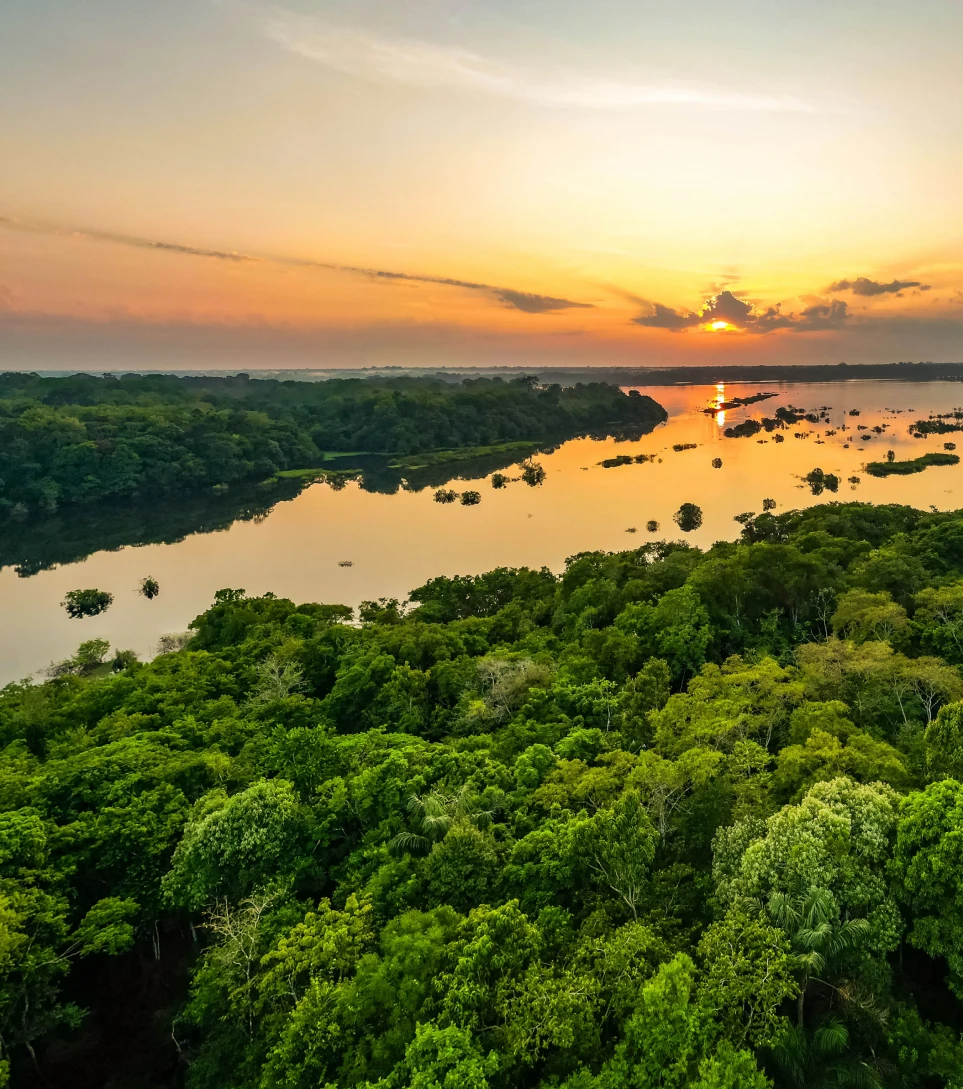 Aerial sunset over the Amazon river and jungle, Brazil
