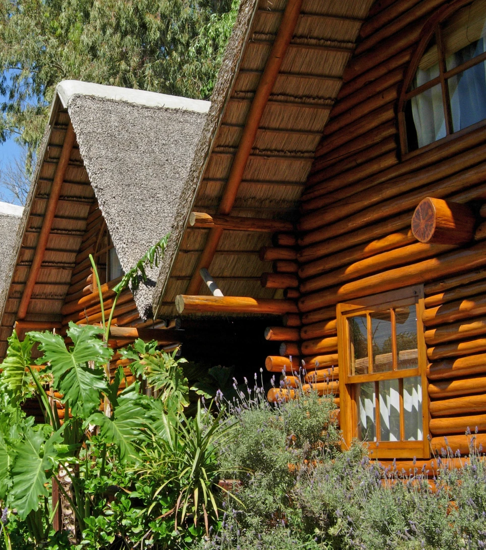 Rustic wood cabin lodge in a Patagonian garden