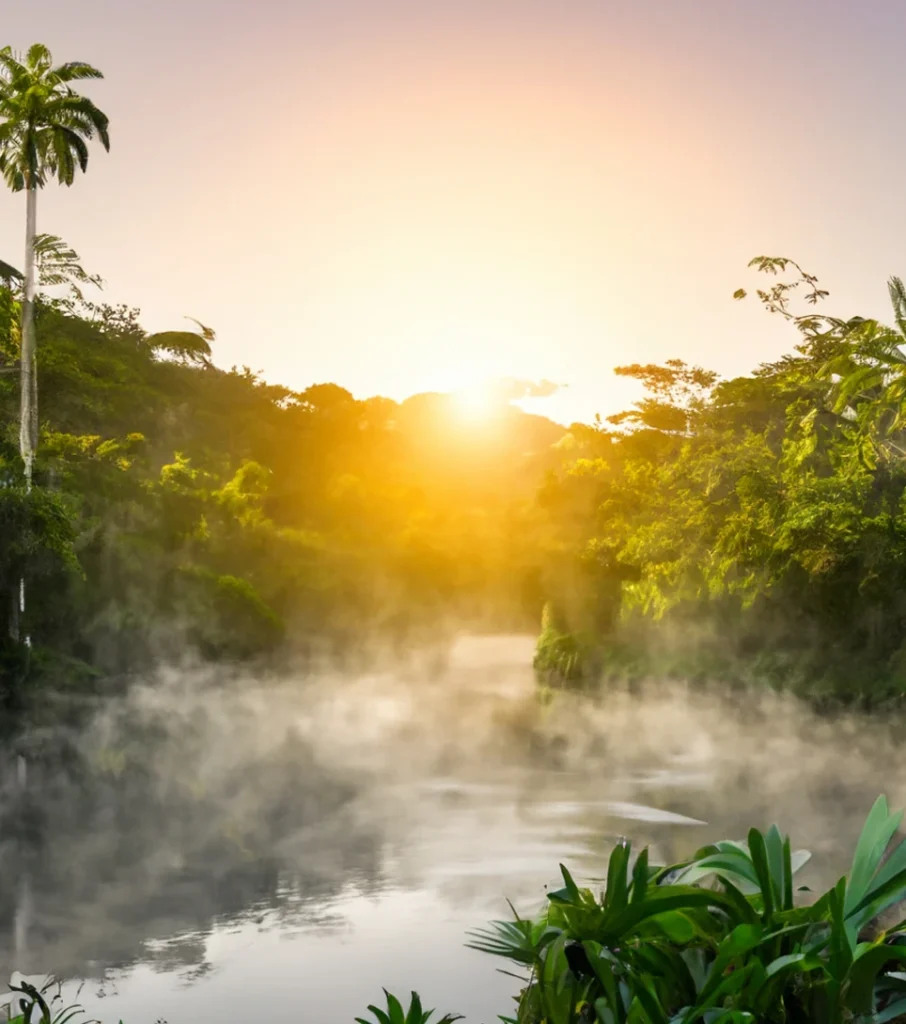Amazon rainforest river at dawn with rising mist