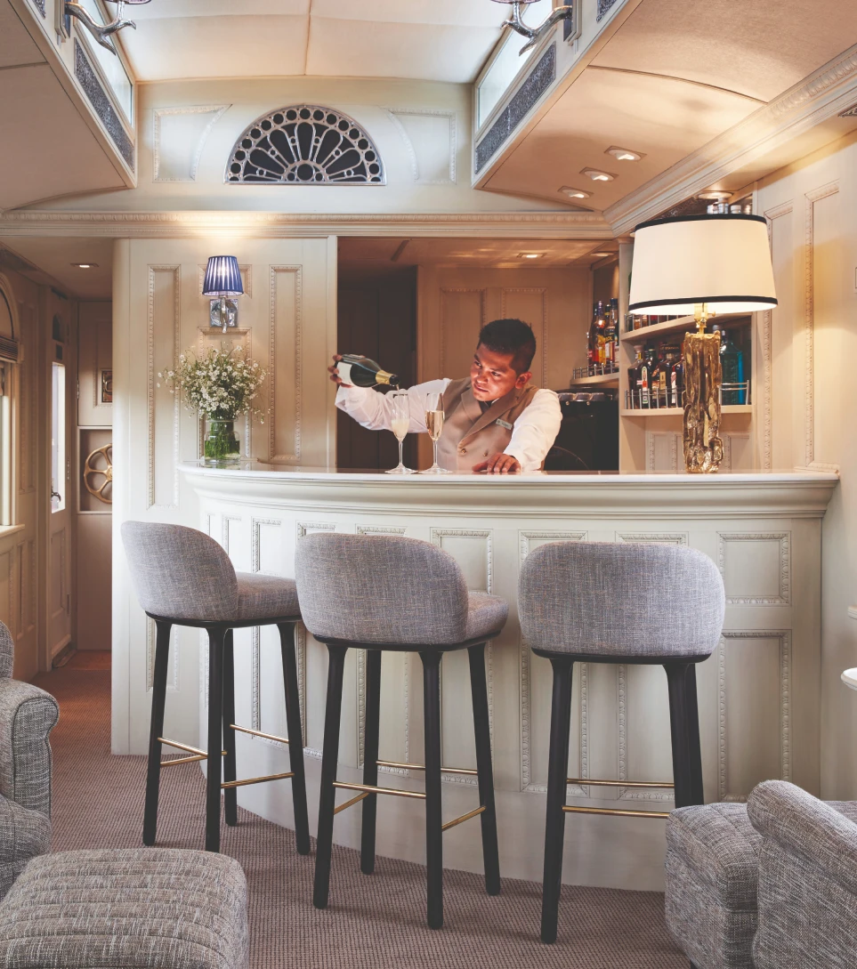 Luxury train bar car with polished details, Peru